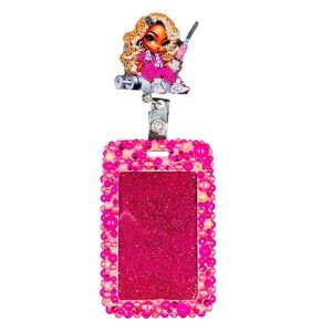 Bling Pearl Fashion Work Name Badge ID Card Holder & Retractable Clip Hot Pink